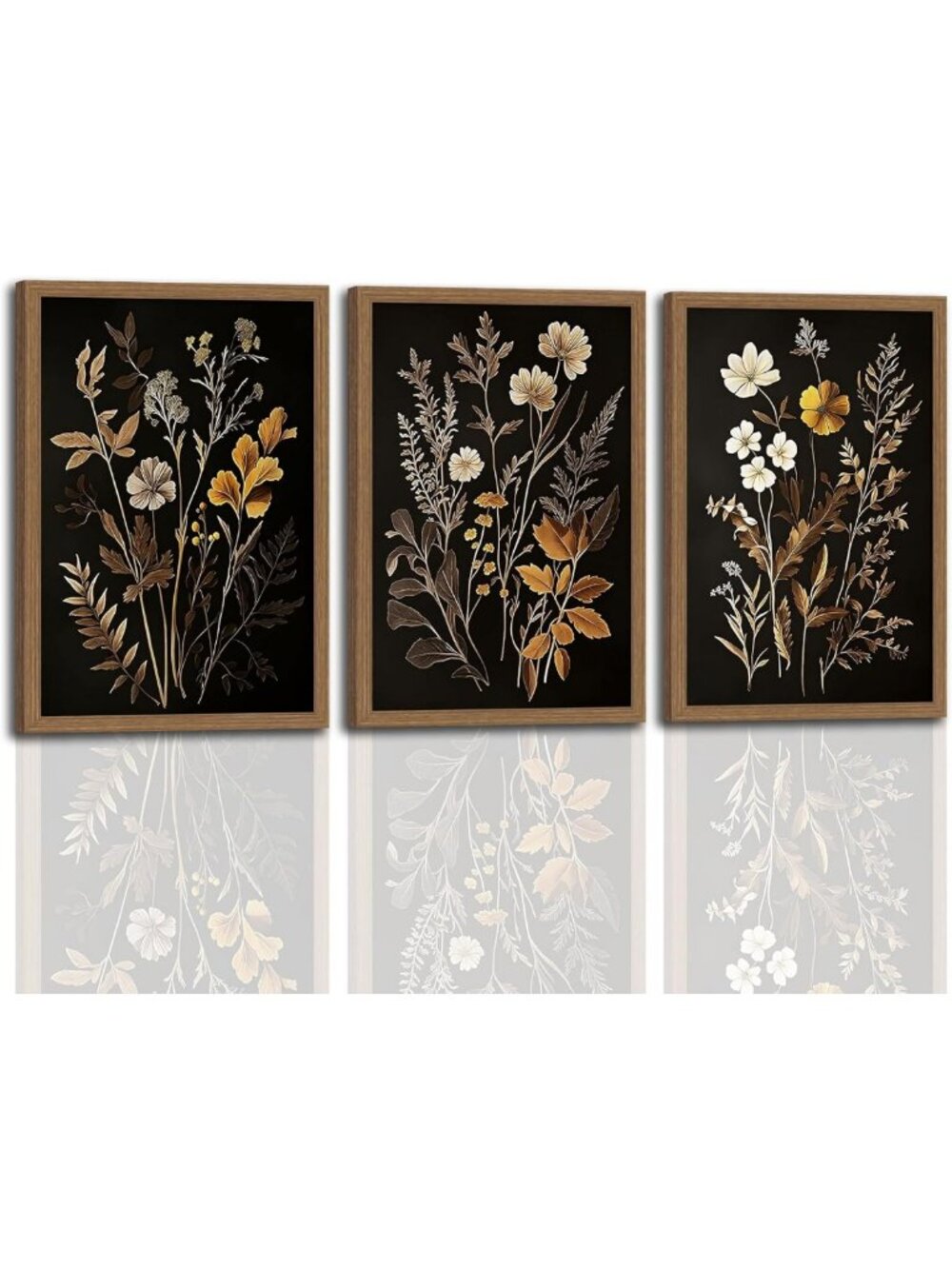 Set of 3 Framed Vintage Black Flower Botanical Wall Art - Dark Academia Decor